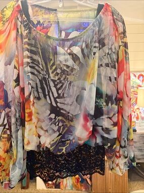 Joseph Ribkoff Sheer Multicolor Floral Blouse with Black Lace Trim